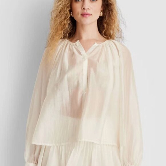 Future Collective Small Flowy Sheer Button Blouse Ivory Blouse Crop Boho Chic - Picture 1 of 13